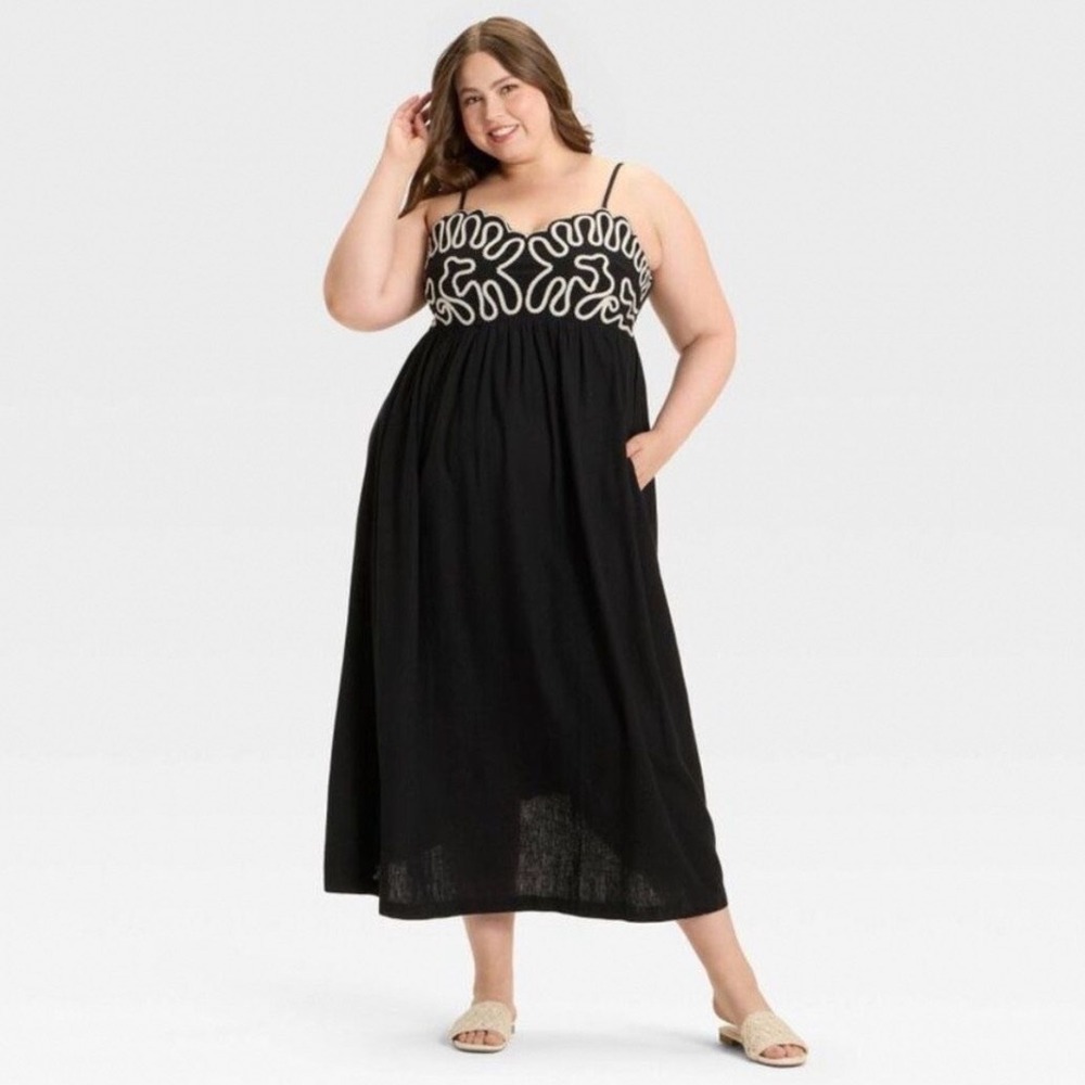 NEW Crewel‎ Maxi A-Line Maxi Dress Black Linen Blend Embroidered Scallop XXL